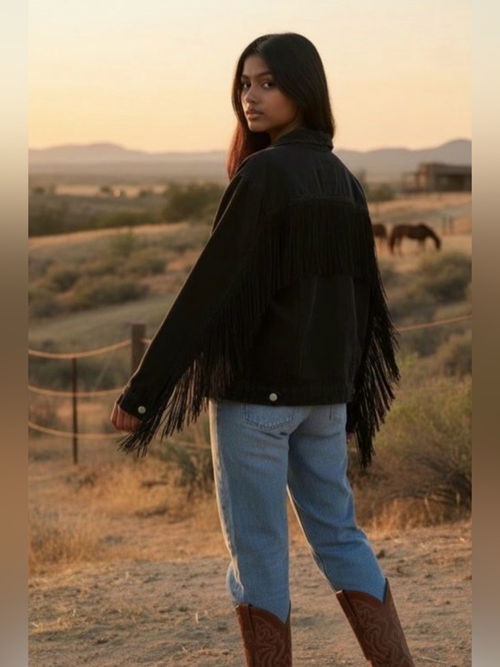 Zara Woman distressed black denim jacket with fringe back down arms
